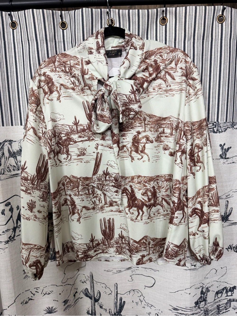 Tie-Neck Western Print Blouse in Cream & Brown